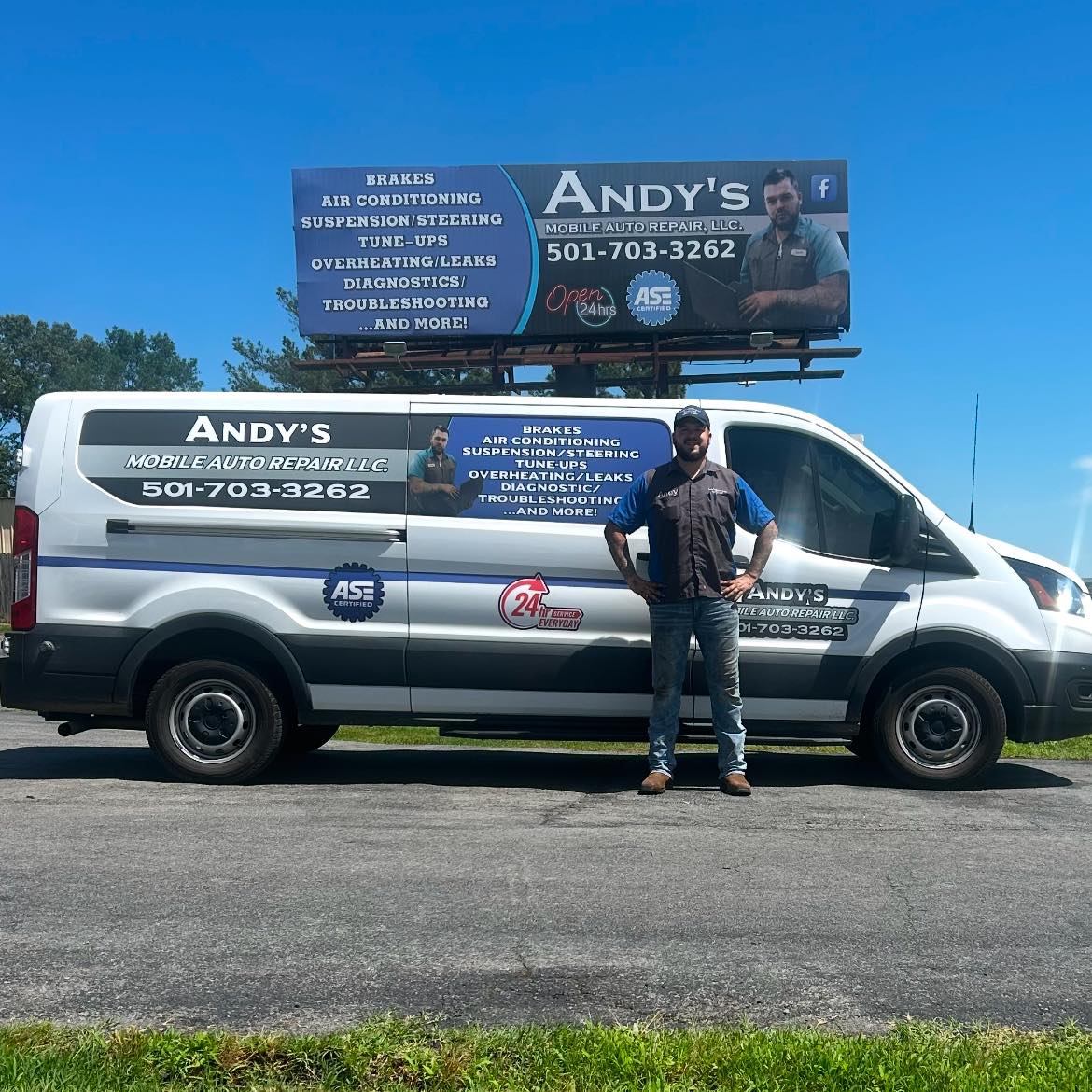 Andy Skinner standing in front of his Andy's Mobile Auto Repair van in Cabot, Arkansas